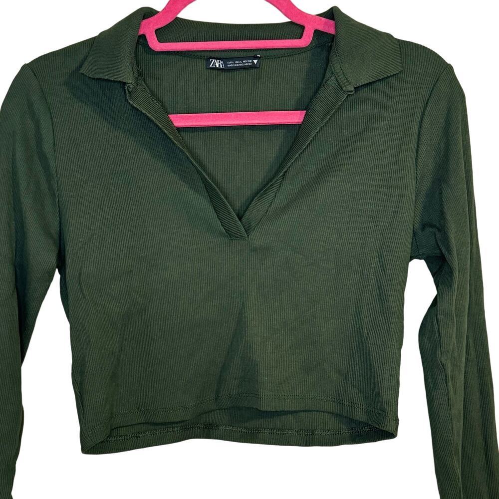 Zara Dark Green Collared Ribbed Crop Top Size L - Picture 2 of 8